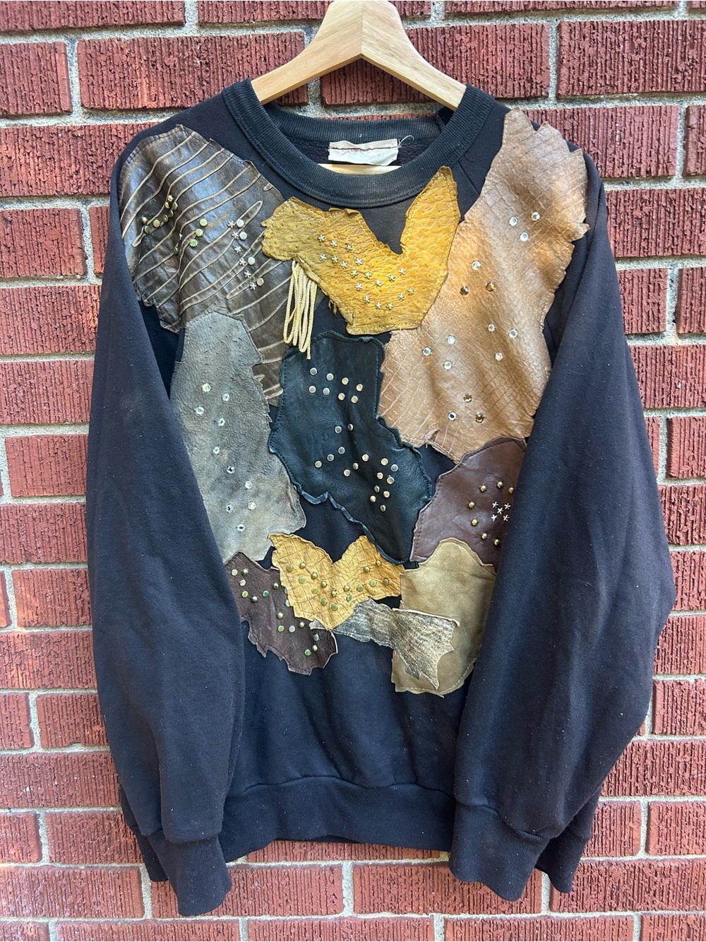 Vintage Alexis Kreighoff Leather Patchwork Studded Sweatshirt Black 23.5” P2P